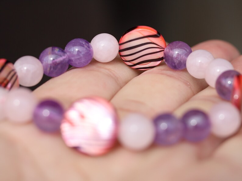 Summer of Love Jewel Collection -8 mm  Rose Quartz/ Amethyst bracelet with Coin shaped Mother of Pearl Shell beads. Exclusive