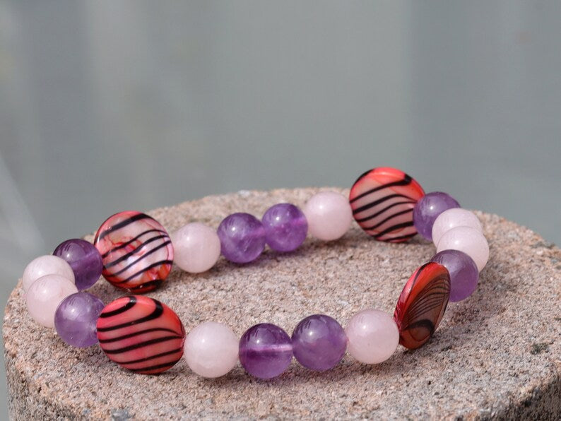 Summer of Love Jewel Collection -8 mm  Rose Quartz/ Amethyst bracelet with Coin shaped Mother of Pearl Shell beads. Exclusive