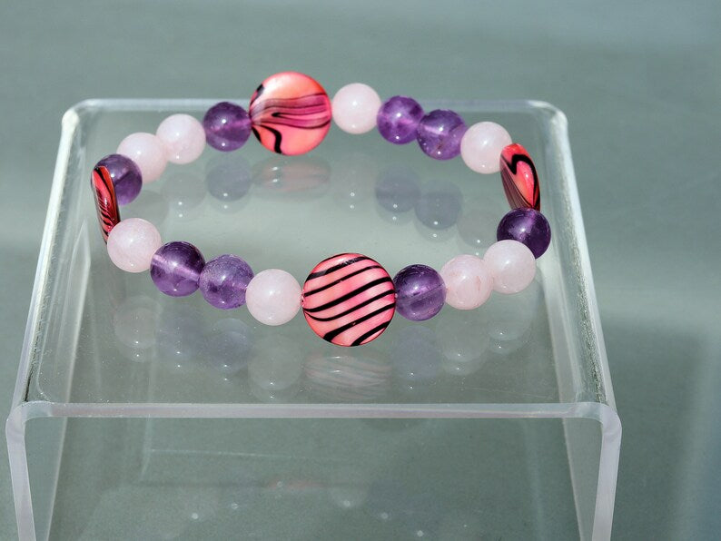 Summer of Love Jewel Collection -8 mm  Rose Quartz/ Amethyst bracelet with Coin shaped Mother of Pearl Shell beads. Exclusive