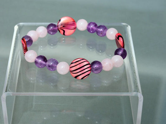 Summer of Love Jewel Collection -8 mm  Rose Quartz/ Amethyst bracelet with Coin shaped Mother of Pearl Shell beads. Exclusive