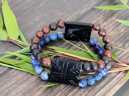 Remarkable beautiful matte Lapis Lazuli and matte Mahogany-Obsidian bracelet. stimulates the desire for knowledge, truth, and understanding