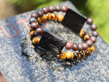 Crazy unique double row beaded bracelet with  Natural Bloodstone Beads and Tiger Eye. With a beautiful Wajakaa ECO jewelry box.
