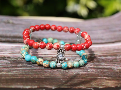 Chic 6mm red and Turquoise imperial sea sediment Jasper bracelet with SWAROVSKI elements. bring inner peace and amplify feelings