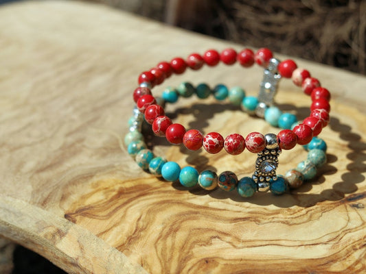 Chic 6mm red and Turquoise imperial sea sediment Jasper bracelet with SWAROVSKI elements. bring inner peace and amplify feelings