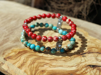 Chic 6mm red and Turquoise imperial sea sediment Jasper bracelet with SWAROVSKI elements. bring inner peace and amplify feelings