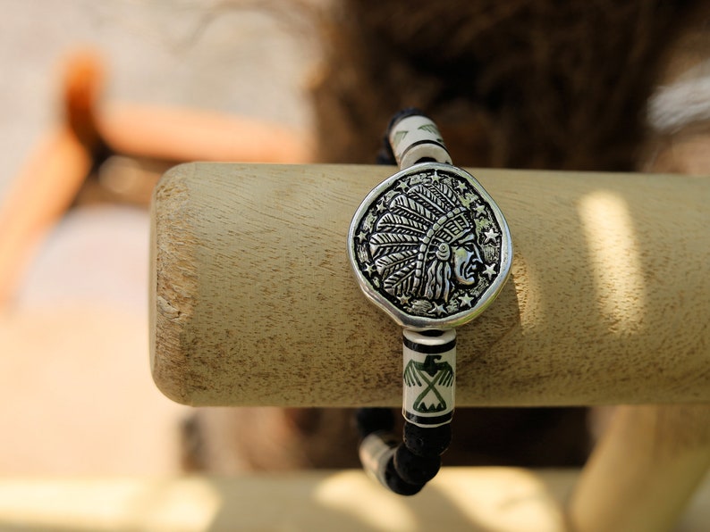 Native American Chief Thunderbird bead bracelet with grey Lava stones bracelet. considered a supernatural being of power and strength.