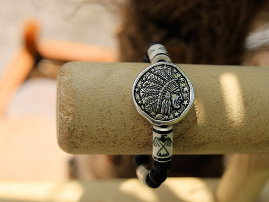 Native American Chief Thunderbird bead bracelet with grey Lava stones bracelet. considered a supernatural being of power and strength.