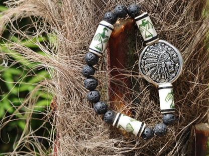 Native American Chief Thunderbird bead bracelet with grey Lava stones bracelet. considered a supernatural being of power and strength.