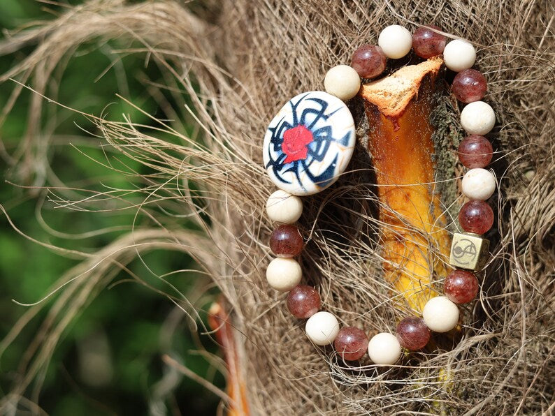 Engaging Strawberry Quartz and White Jasper with Wajakaa © Logo bead. bringing us peace in times of depression or loss