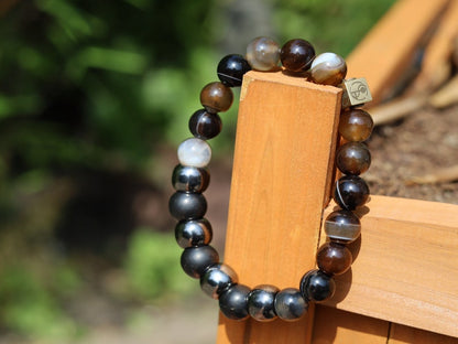 FIT Nature Brown Striped Agate Beads and STRONG Shungite combined with a Wajakaa © Logo bead. keep your energy with yourself