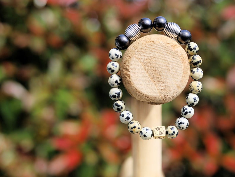 Extramundane Natural Dalmatian Jasper Beads bracelet combined with  grounding and protective stone Shungite. with a Wajakaa © Logo bead.