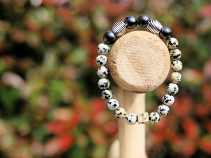 Extramundane Natural Dalmatian Jasper Beads bracelet combined with  grounding and protective stone Shungite. with a Wajakaa © Logo bead.