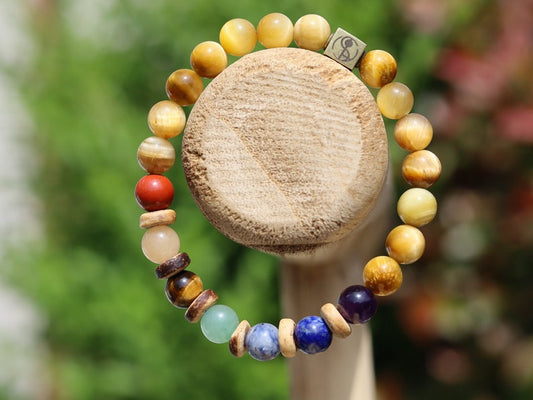 Dominant Chakra golden tiger eye. 7 types. Amethyst, Lapis Lazuli, Blue Spot Jasper, Aventurine, Tiger Eye, Butter Jade, Rose Jasper