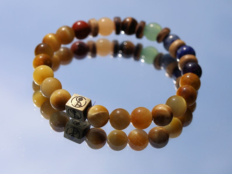 Dominant Chakra golden tiger eye. 7 types. Amethyst, Lapis Lazuli, Blue Spot Jasper, Aventurine, Tiger Eye, Butter Jade, Rose Jasper