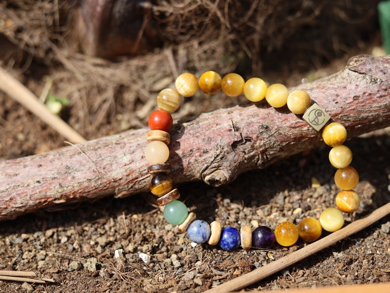 Dominant Chakra golden tiger eye. 7 types. Amethyst, Lapis Lazuli, Blue Spot Jasper, Aventurine, Tiger Eye, Butter Jade, Rose Jasper