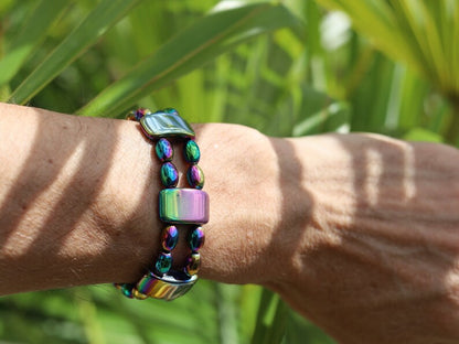 Powerhouse Double row beaded bracelets. Hematite Beads 8/9 mm - high grade Rainbow colored hematite, rice shaped beads
