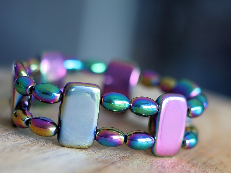 Powerhouse Double row beaded bracelets. Hematite Beads 8/9 mm - high grade Rainbow colored hematite, rice shaped beads