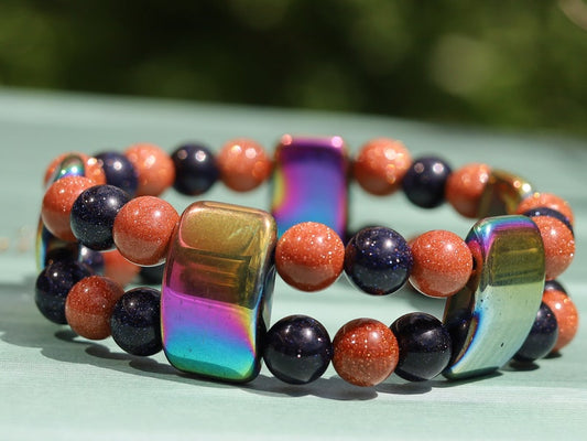 Hardy Double row beaded bracelets. Beautiful real Red and dark blue Goldstone with very colorful Holographic Beads.