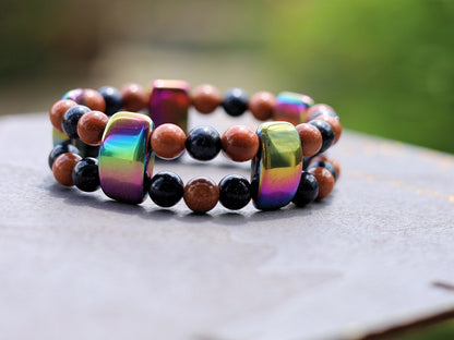 Hardy Double row beaded bracelets. Beautiful real Red and dark blue Goldstone with very colorful Holographic Beads.