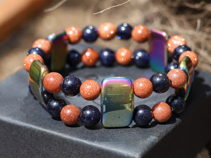 Hardy Double row beaded bracelets. Beautiful real Red and dark blue Goldstone with very colorful Holographic Beads.
