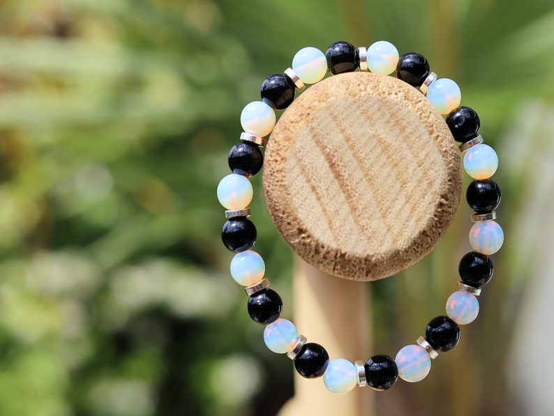 Wonderful Opalite bracelet combined with Black Agate. Nice combination known as a good luck stone. beautiful appearance