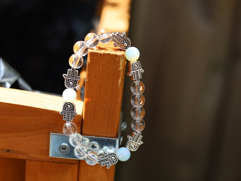 Loving Rock crystal / Opalite combined with Tibetan Style Alloy Hamsa Hand/Hand of Fatima/Hand of Miriam Beads.