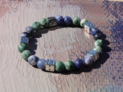 Lucky Dice with Green / Blue Spot Jasper matte beads.  Encourages one to celebrate moments of beauty in the ordinary and the extraordinary