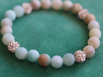 Astonishing Frosted Natural Flower Amazonite with Pave Disco Ball Beads, Polymer Clay Rhinestone Beads. excellent light reflection