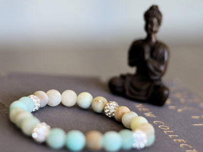 Astonishing Frosted Natural Flower Amazonite with Pave Disco Ball Beads, Polymer Clay Rhinestone Beads. excellent light reflection