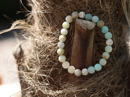 Astonishing Frosted Natural Flower Amazonite with Pave Disco Ball Beads, Polymer Clay Rhinestone Beads. excellent light reflection
