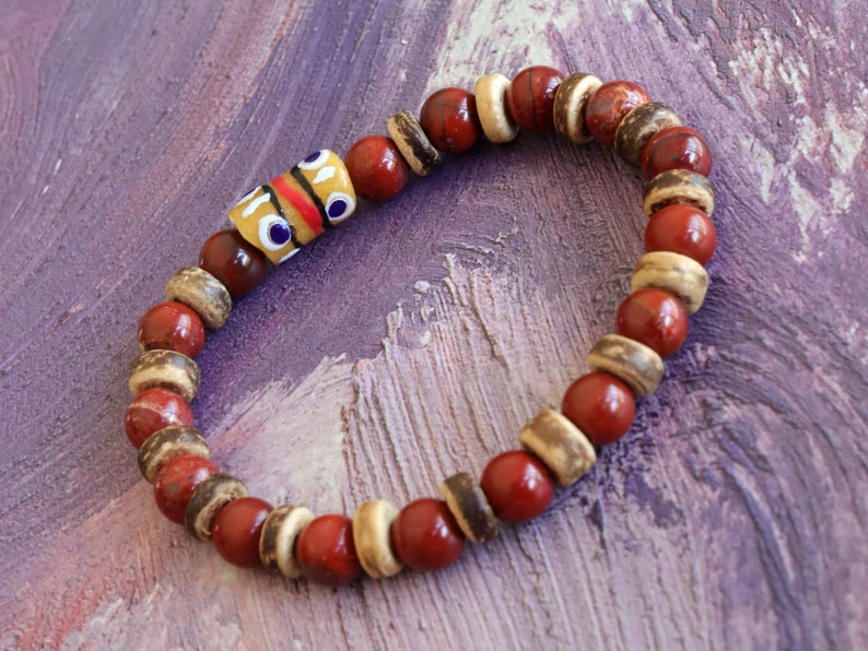 Tribal Natural Red Rainbow Jasper combined with beautiful Disc coconut and  beautiful Ghana powder Glass Trade Bead