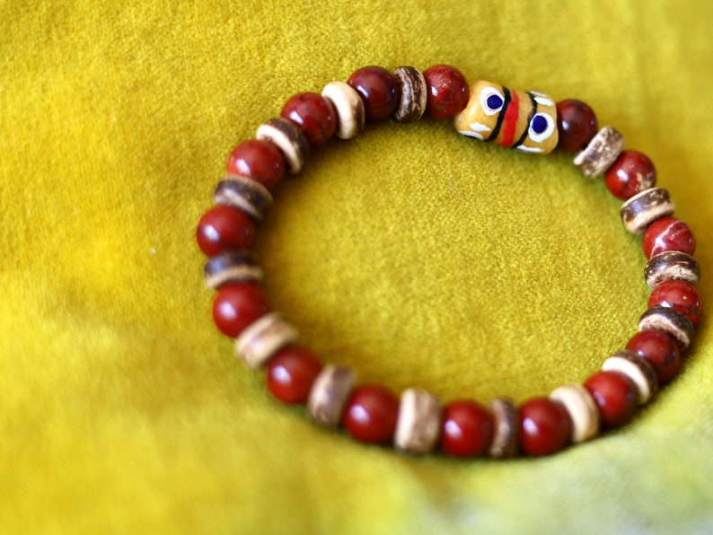 Tribal Natural Red Rainbow Jasper combined with beautiful Disc coconut and  beautiful Ghana powder Glass Trade Bead