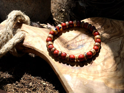 Tribal Natural Red Rainbow Jasper combined with beautiful Disc coconut and  beautiful Ghana powder Glass Trade Bead