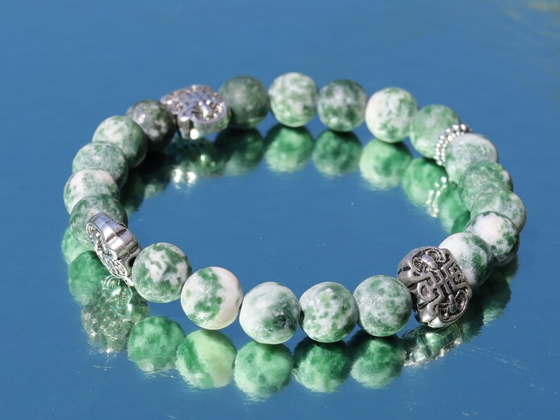 Fortune Longevity  with Green Spot Jasper matte beads and Fortune Longevity Bat Beads. Wajakaa, one of a kind, unique and stylish