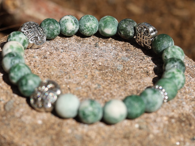 Fortune Longevity  with Green Spot Jasper matte beads and Fortune Longevity Bat Beads. Wajakaa, one of a kind, unique and stylish