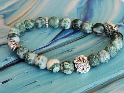 Fortune Longevity  with Green Spot Jasper matte beads and Fortune Longevity Bat Beads. Wajakaa, one of a kind, unique and stylish