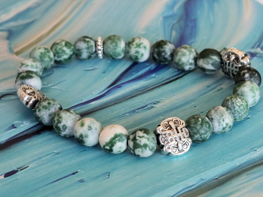Fortune Longevity  with Green Spot Jasper matte beads and Fortune Longevity Bat Beads. Wajakaa, one of a kind, unique and stylish