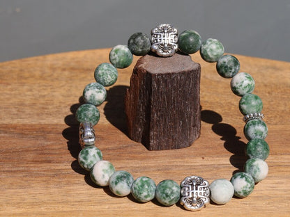 Fortune Longevity  with Green Spot Jasper matte beads and Fortune Longevity Bat Beads. Wajakaa, one of a kind, unique and stylish