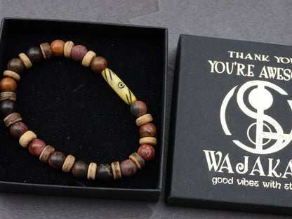 Rare Natural Picasso Stone/Picasso Jasper Bead bracelet combined with beautiful Disc coconut and  fantastic handmade bone bead from Africa.