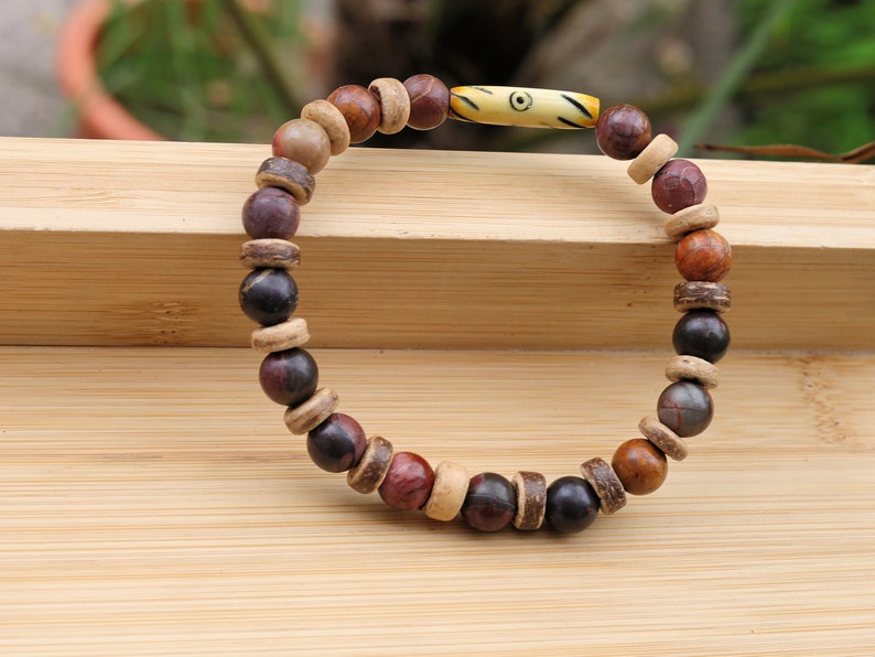 Rare Natural Picasso Stone/Picasso Jasper Bead bracelet combined with beautiful Disc coconut and  fantastic handmade bone bead from Africa.