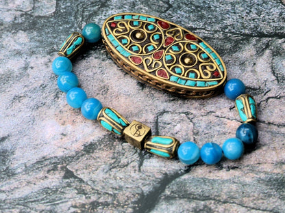 Fascinating Dark Blue Striped Agate Beads bracelet with Handmade Indonesia Bead and Handmade Tibetan Style Beads . Wajakaa © Logo bead.