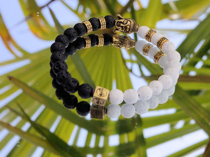 Astral black and white lava bracelet with Antique Style Buddha head and Wajakaa © Logo bead. provides strength and clear thinking