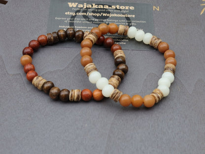 Wooden collection - 2x BRACELETS Weathered Brown Natural Bodhi / White Bodhi Apple Beads. Bayong wooden beads