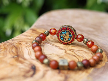 Heavenly Natural Wood Beads with Buddha eyes Bead Combined with Wajakaa © Logo bead and 6 Buddha head, Antique Bronze.