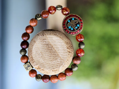 Heavenly Natural Wood Beads with Buddha eyes Bead Combined with Wajakaa © Logo bead and 6 Buddha head, Antique Bronze.