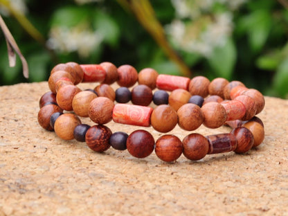 Wooden collection - 2x BRACELETS Bayong bracelet with multicolored Geometric wooden beads. in different natural colors with an exotic look.