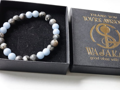 Modish 8 mm Larvikite bracelet with beautiful  Aquamarine bracelet. Birds Eye Granite, Pearlspar, Blue Pearl, Emerald Pearl,