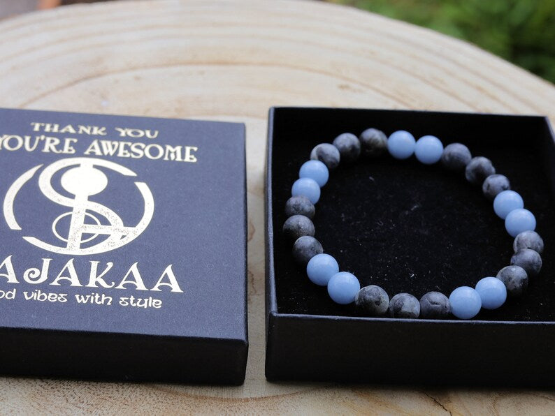 Modish 8 mm Larvikite bracelet with beautiful  Aquamarine bracelet. Birds Eye Granite, Pearlspar, Blue Pearl, Emerald Pearl,