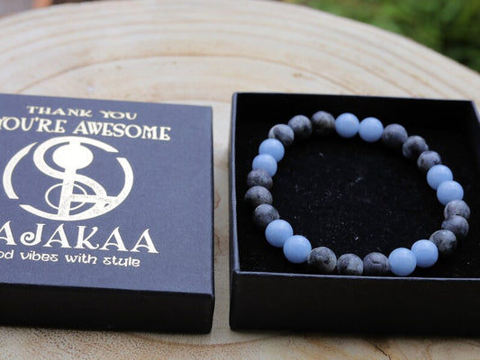 Modish 8 mm Larvikite bracelet with beautiful  Aquamarine bracelet. Birds Eye Granite, Pearlspar, Blue Pearl, Emerald Pearl,