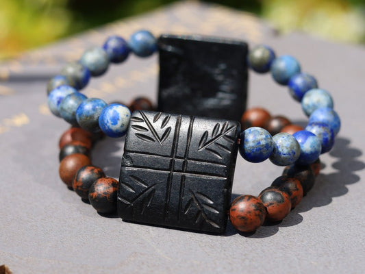 Remarkable beautiful matte Lapis Lazuli and matte Mahogany-Obsidian bracelet. stimulates the desire for knowledge, truth, and understanding
